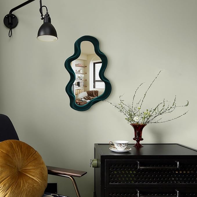 Emerald Green Wavy Wall Mirror Decor for Hallway Entryway, Irregular Cloud-Shaped Small Decorative Mirrors for Home Office Living Room, Modern Hanging Wall Art for Christmas Wedding Gift