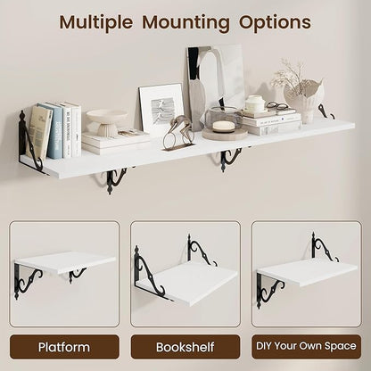 RICHFOCUS 12 Inch Deep Floating Shelves for Wall, 16" W x 12" D Wood Wall Shelves Set of 2, Wide Floating Shelves for Living Room, Bedroom, Kitchen, Bathroom and Decor Storage, White