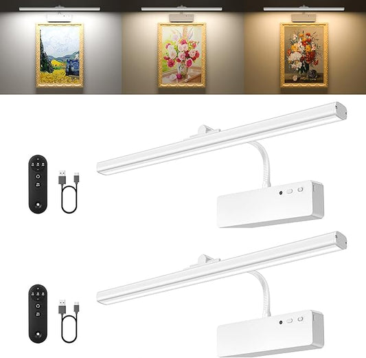 Picture Light, 15.35inch Wireless Picture Lights for Wall Rechargeable, Battery Lights for Pictures on Wall, 3 Color Art Lighting for Paintings with Timer and Dimmable Artwork Display (White-2PCS)