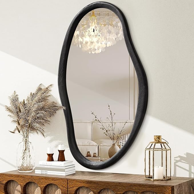 JJUUYOU Irregular Mirror Black Asymmetrical Wooden Wall Mirror 34