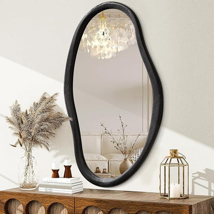 JJUUYOU Irregular Mirror Black Asymmetrical Wooden Wall Mirror 34"x22" Large Home Decorative Wall Mounted Vanity Hanging Mirrors for Bathroom Dressing Room Living Room