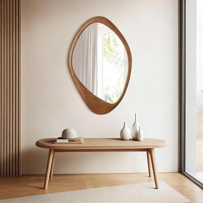AAZZKANG Asymmetrical Wall Mirror Large 28"x20" Retro Irregular Vanity Mirrors Decorative for Bathroom Bedroom Living Room Hallway Brown