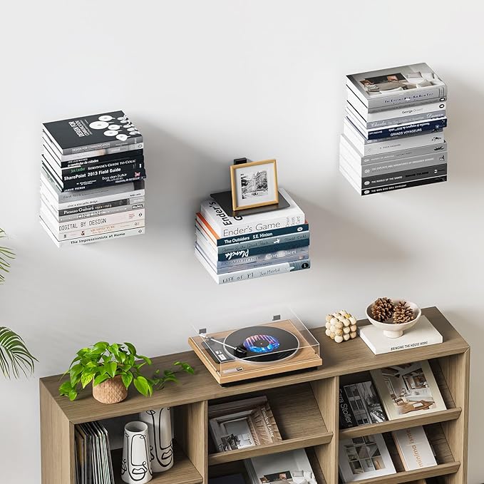 Floating Book Shelves for Wall, 6 Tier Invisible Floating Bookshelf, Vertical Spine Book Tower, Wall Mounted & Space Saving, Heavy Duty Metal Book Organizer for Home Office, 3 Pack Black