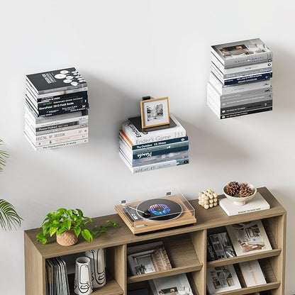Floating Book Shelves for Wall, 6 Tier Invisible Floating Bookshelf, Vertical Spine Book Tower, Wall Mounted & Space Saving, Heavy Duty Metal Book Organizer for Home Office, 3 Pack Black