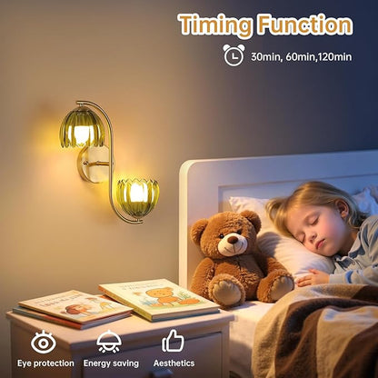 Battery Operated Wall Sconce, 2-Lights Vinatge Brass Wall Lighting Up and Down with Green Tulip Shade for Living Room, Bedroom