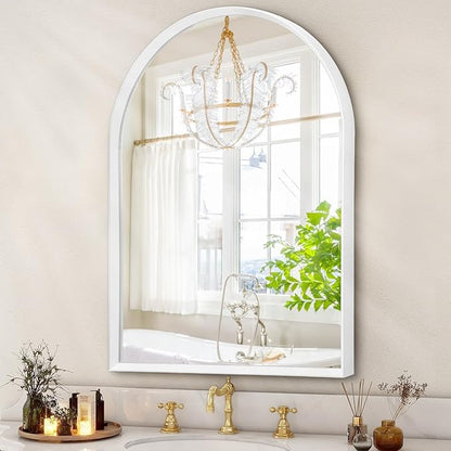 Arch Bathroom Mirror, Wall Mounted Mirrors, White Vanity Wall Mirror Metal Frame Home Decor for Bedroom, Entryway, Living Room 26"x18"