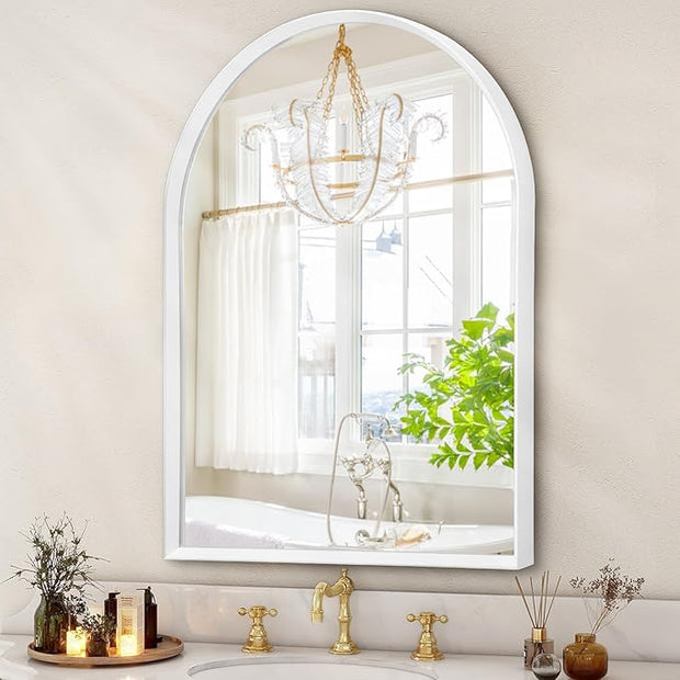 Arch Bathroom Mirror, Wall Mounted Mirrors, White Vanity Wall Mirror Metal Frame Home Decor for Bedroom, Entryway, Living Room 26"x18"