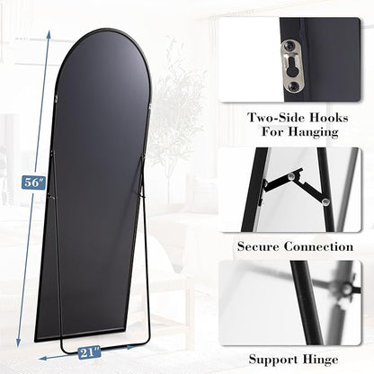 DUMOS Arched Full Length Mirror with Stand Floor Standing Aluminum Frame for Bedroom Body Hanging Leaning Modern Simple Home Decor Shatter-Proorf Nano Glass Wall Living Room Cloakroom Black 56"x15"