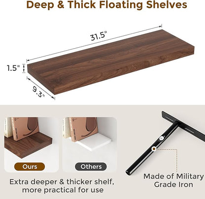 Fun Memories 32" W x 9.3" D Floating Shelves, Rustic Wood Deep Shelves for Bedroom, Kitchen, Living Room, Long Floating Shelf for Wall, Storage Display Wall Shelf for Books Decor, Walnut