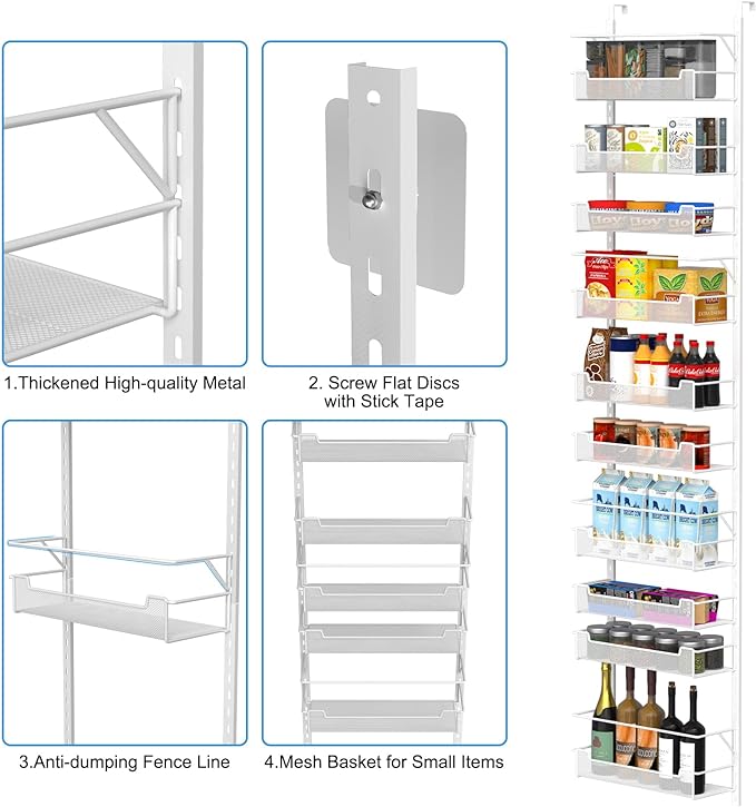Over the Door Pantry Organizer, 10-Tier Over the Door Organizer with Adjustable Basket, Pantry Door Organization for Pantry Kitchen Storage Room Spice Rack, White