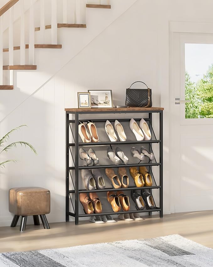 Shoe Rack, 5-Tier Slanted Shoe Storage Shelf, Narrow Shoe Rack for Entryway, Shoe Organizer with Adjustable Feet, Slim Shoe Shelf with Wooden Top and Metal Frame Rustic Brown and Black TXJ02BF
