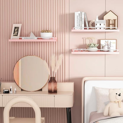 Pink and White Floating Shelves, Kawaii Room Decor Wall Shelves - Set of 3 for Living Room, Bedroom, Kitchen, Picture Frames, Plants
