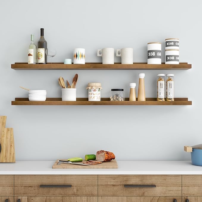 Picture Ledge Shelf, Floating Shelves Set of 2, Solid Ash Wood 48'' Long Large Nursery Book Shelves for Toys Storage, Kids Bookshelf for Living Room Bedroom Decor Books Photo Frames, Walnut
