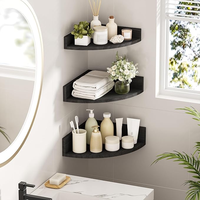 Alsonerbay Black Corner Shelf Wall Mount, Set of 3 Floating Shelves for Wall Storage and Display, Rustic Wood Shelves for Bedroom, Living Room, Bathroom, Entryway, Garage