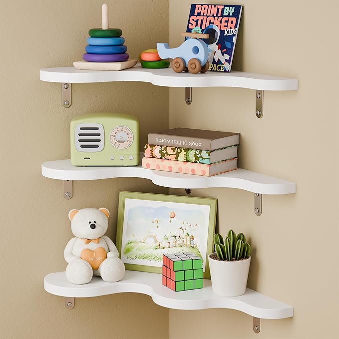 Cute Cloud Shelf Set of 3 - Wavy Floating Corner Shelves Wall Mounted, Corner Shelf Floating with Brackets, Nursery Shelves for Wall Decor, Bedroom,Living Room,Bathroom&Kids Room-White