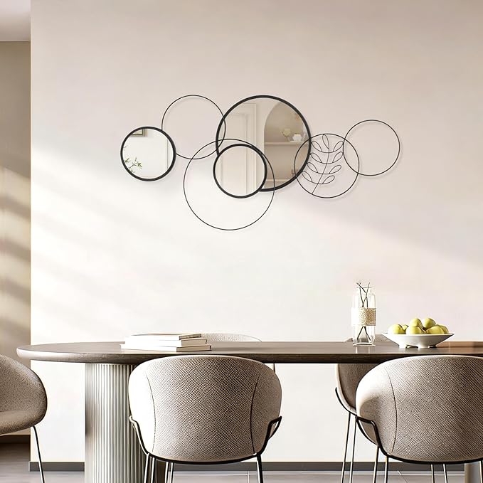 4 PCS Round Wall Mirror,Black Metal Framed Circle Mirror Set Modern Decorative Mirrors for Living Room Bedroom Entryway Bathroom 16x32 Inch Home Decor
