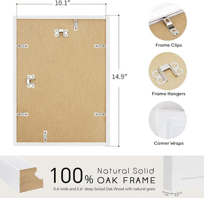 puthiac 10x14 Solid Oak Wood Picture Frame, Fits 8x10 with Mat or 10x14 Without Mat, Wall Display Only, Vertical or Horizontal, Plexi Front, 1 Pack, White