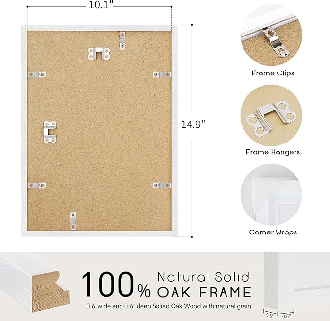 puthiac 10x14 Solid Oak Wood Picture Frame, Fits 8x10 with Mat or 10x14 Without Mat, Wall Display Only, Vertical or Horizontal, Plexi Front, 1 Pack, White