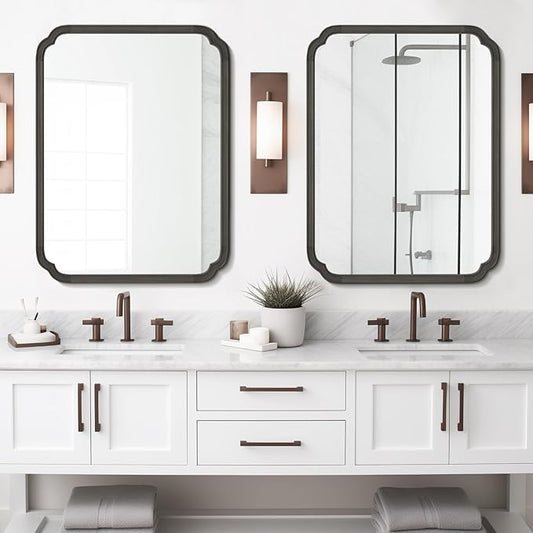 WallBeyond 30" x 40" Rounded Corner Arch Wall Mirror with Wood Frame for Entryway, Living Room or Bedroom Home Decor - Light Woodgrain [30 x 40 inches, Black]