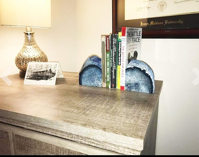 JIC Gem Agate Bookends Dyed Blue Book Ends for Heavy Books Geode Bookends for Bookshelf Decor Cute Stone Bookends with Rubber Bumpers for Office Décor and Home Decoration(1 Pair,6 to 8 Lbs)
