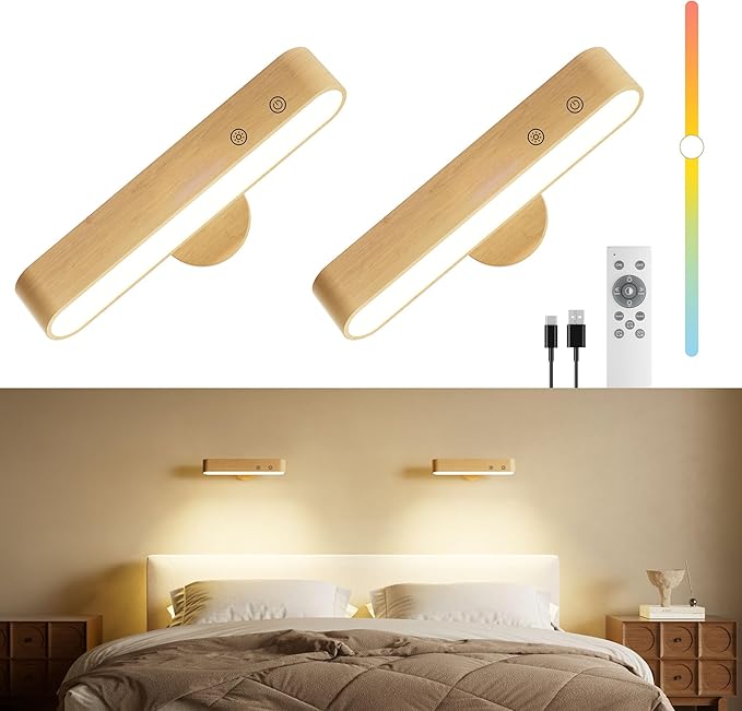 Rechargeable LED Wall Sconces Set of Two,Wall Lights for Bedroom with Remote Control and Touch,360° Magnetic Rotation,3 Colors Dimmable Brightness Wood Wall Lamps with 15 RGB Colors,2 Pack