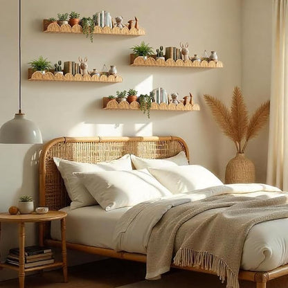 Pinkunn 4 Pcs Nursery Book Shelves 35.4 Inch Rattan Scalloped Floating Bookshelves Wicker Boho Book Shelf for Wall Mounted Decor Nursery Rooms Hanging