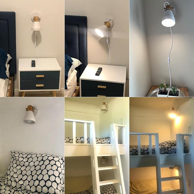 Modern Plug-in Wall Sconces - Matte White Adjustable Reading Light with Natural Wood Accent, Wall Lamp for Bedroom, Living Room, Home Office