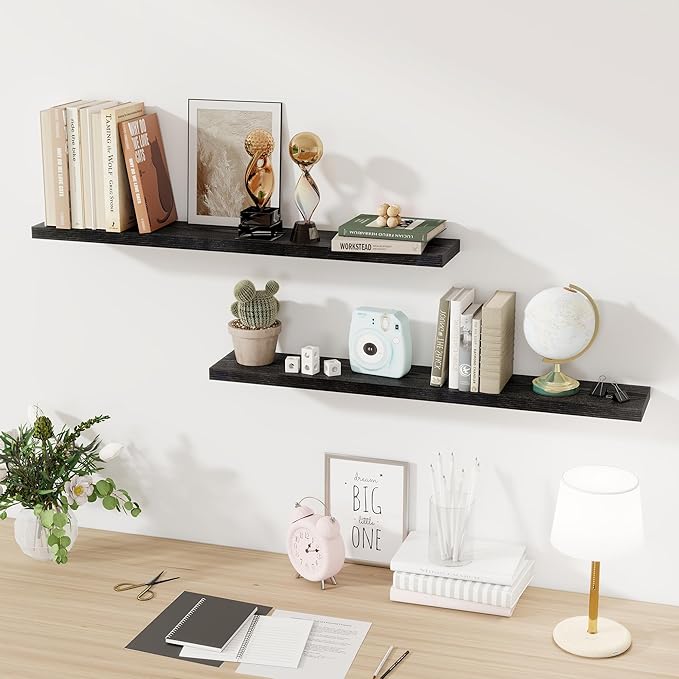 Fun Memories Floating Shelves for Wall, 40 Inch Floating Shelves for Home Decor, Wall Mounted Rustic Wood Shelves, Bathroom, Hanging Deep Shelf for Bedroom, Living Room, Kitchen (Black, Set of 2)