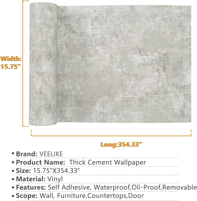 VEELIKE 15.7''x354'' Concrete Contact Paper for Countertops Waterproof Light Concrete Wallpaper Textured Peel and Stick Limewash Wallpaper Self Adhesive Cement Murals Removable for Cabinets Furniture