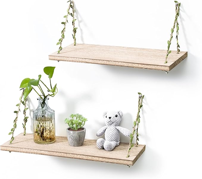 MITIME Leaf Rope Hanging Floating Shelves, Wall Swing Storage Shelf for Home Decor.17, 2-Pack (Light Color)