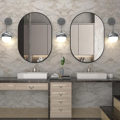 2 Piece Oval Bathroom Mirror Capsule Wall Vanity Mirror, 20"x30" Pill Mirrors Wall Mounted Mirror, Large Modern Mirror with Black Metal Frame, Decor for Entryway, Bedroom, Living Room
