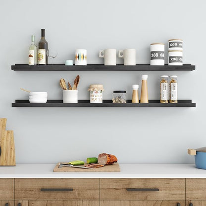 Picture Ledge Shelf, Floating Shelves Set of 2, Solid Ash Wood 48'' Long Large Nursery Book Shelves for Toys Storage, Kids Bookshelf for Living Room Bedroom Decor Books Photo Frames, Black