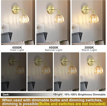 Hardwired Wall Sconces Set of Two, Vintage Wall Lights with Amber Tulip Glass Lampshade, Gold Wall Lamps for Bedroom Bedside Stairway Bathroom Living Room (Bulbs Not Included, Not Battery Powered)