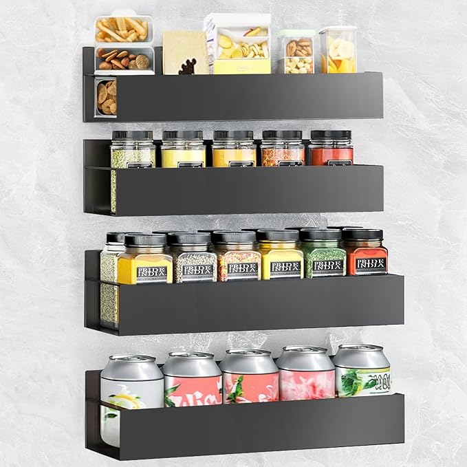 Spice Rack Wall Mount: 4 Packs Oversize Pantry Organization And Storage Rack Without Drilling - 11.8 Inch Black Large Adhesive Hanging Kitchen Spice Racks for Smooth Wall - Seasoning Rack