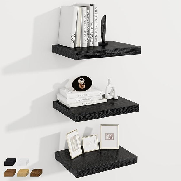 Fun Memories 12 Inch Deep Floating Shelves, 16 x 12 Wooden Wall Shelves, Extra Deeper & Thicker Rustic Wall Mounted Storage Shelf for Fireplace, Living Room, Kitchen, Farmhouse, Black - 3Pack