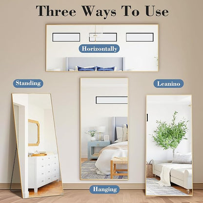DUMOS Full Length Mirror with Stand, 56"x21" Floor Mirror with Aluminum Alloy Frame for Bedroom, Standing Full Body Mirror with Shatter-proorf Nano Glass for Wall, Living Room, Cloakroom, Gold