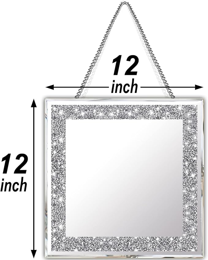 2 Piece Wall Mirrors, Crush Diamond Mirrors Decor, Silver Decorative for Living Room Bedroom, Bathroom. (12”x12”)