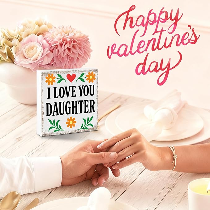 I Love You Daughter Valentines Desk Decor, Valentine's Day Home Office Table Sign for Wife Daughter from Dad Husband, Valentine Gifts Decorations for Porch Tiered Tray Shelf Party