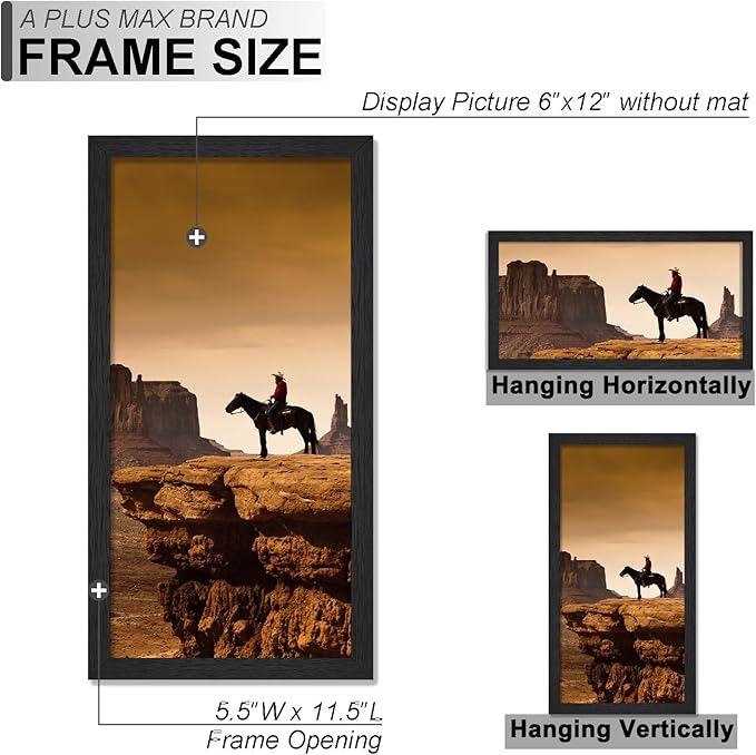 A PLUS MAX 6x12 Picture Frame Set of 2, Black Engineered Wood Frame for 6 x 12 Inch Picture Poster Photo, Light Weight 6 by 12 Frame with Wood-grain for Wall - 2 Pack/Black/6