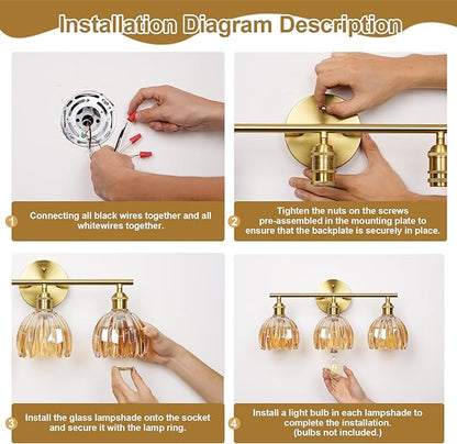 Vintage Bathroom Light Fixtures,3-Light Hardwired Vanity Lights with Amber Tulip Glass Shade,Gold Bathroom Vanity Light for Mirror Restroom,E26 Socket,18.5 in(Bulbs Not Included)