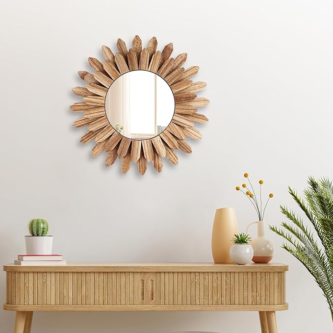 12 Inch Wall Mirror, Boho Wall Decor, Rustic Wood Mirror, Boho Mirror for Wall Art Bedroom Living Room Bathroom House Warming Gifts New Home(Carbonized Black)