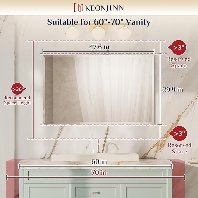 Keonjinn 48 x 30 Inch Bathroom Mirror Beveled, Rectangle Frameless Mirrors for Over Sink, Shatterproof, Modern Decorative for Living Room, Entryway, Bedroom, Horizontal/Vertical
