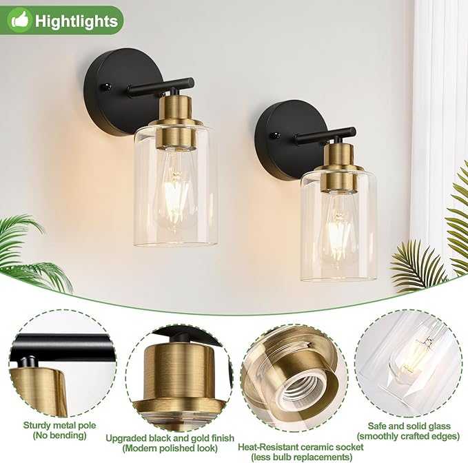 Set of 2 Wall Sconces for Bathroom, Black and Gold Modern Vanity Lights with Clear Glass Shade,Bathroom Wall Lamp for Mirror Kitchen Living Room Hallway Cabinet Porch