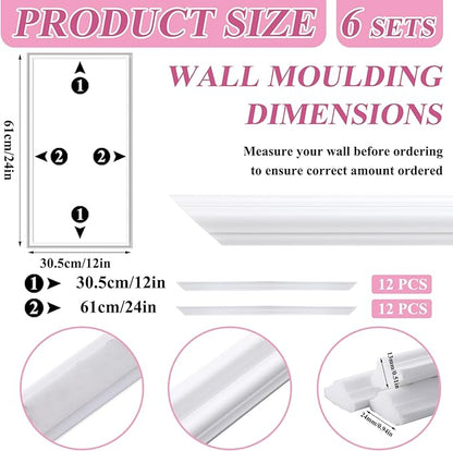 Accent Wall Molding Kit Premade Wainscoting Panels Wall Molding Peel and Stick Panel White Pre Cut Trim for Walls Picture Frame Molding for Home Decoration(6 Set,12 x 24 Inch)