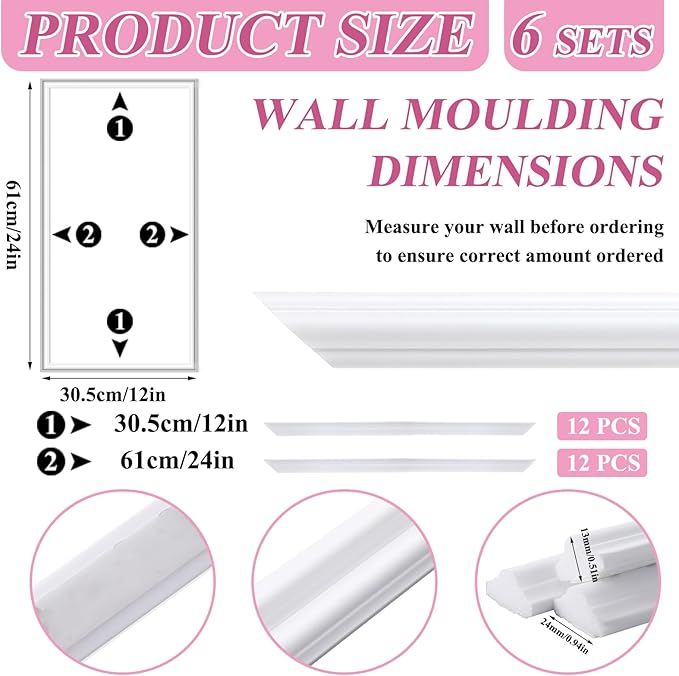 Accent Wall Molding Kit Premade Wainscoting Panels Wall Molding Peel and Stick Panel White Pre Cut Trim for Walls Picture Frame Molding for Home Decoration(6 Set,12 x 24 Inch)