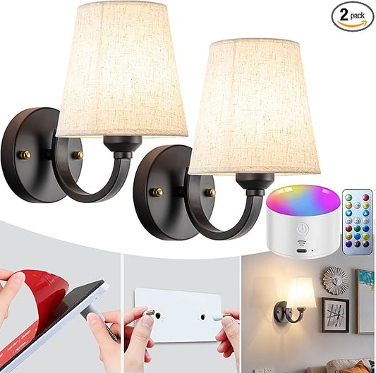 Peel and Stick Wall Sconces, No Drilling Stick On Wall Sconce, Wireless Battery Operated Wall Lights, Adhesive Wall Lamp with 10000mAh Battery Bulb for Bedroom Living Room Decor