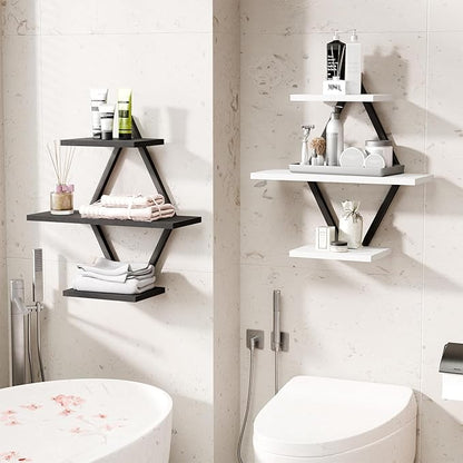 Floating Shelves, Wall Shelf Set of 2, Wall Mounted Shelves, 3-Tier Hanging Wall Shelves for Bathroom, Living Room, Bedroom, Kitchen, Office (Black & White)