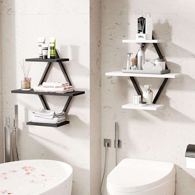 Floating Shelves, Wall Shelf Set of 2, Wall Mounted Shelves, 3-Tier Hanging Wall Shelves for Bathroom, Living Room, Bedroom, Kitchen, Office (Black & White)