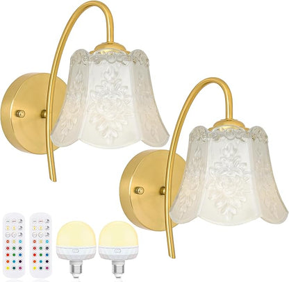 Vintage Battery Wall Sconce with Flower lampshade,Rechargeable Battery Powered Wall Lights,Wall lamp with 15 Colors for Bedroom Living Room Home Decor (milky white Rose, 2 Light Battery Operated)