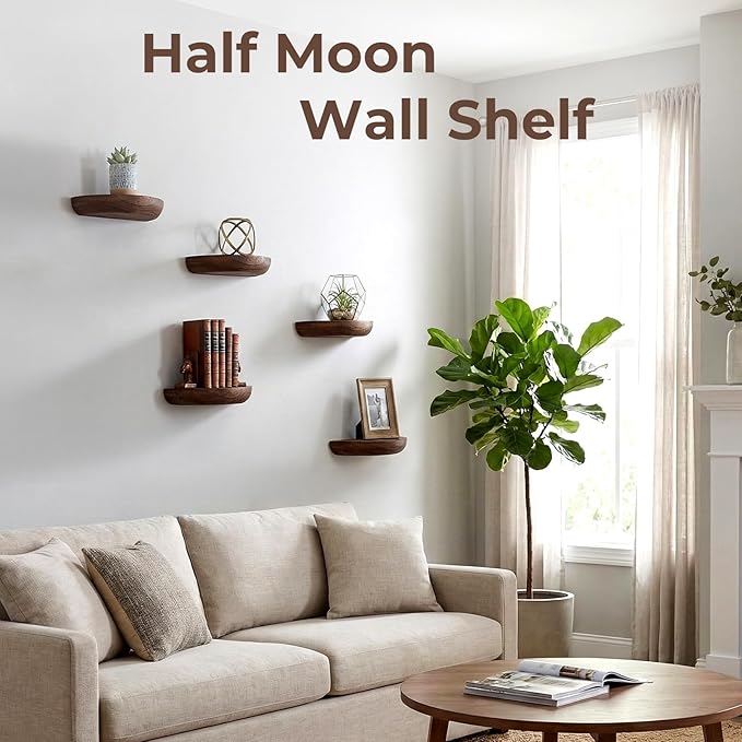 Solid Wood Half Round Floating Shelves, Elegant Floating Shelves, 8.27 Inch Small Wall Mounted Floating Corner Shelves for Living Room, Bedroom, Bathroom, Office. Dark Brown Floating Shelves, Set of 5